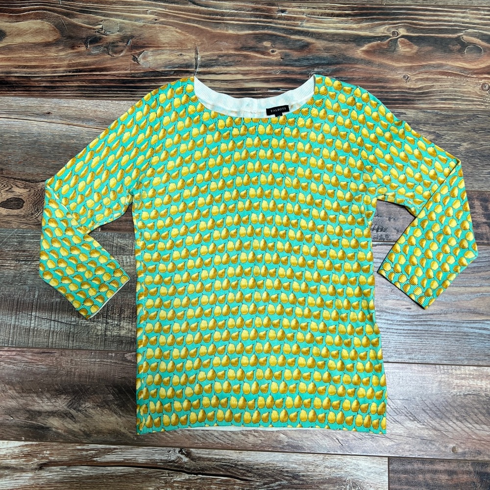 Talbots Green with Pear Print Sweater  Button In Back Size XS